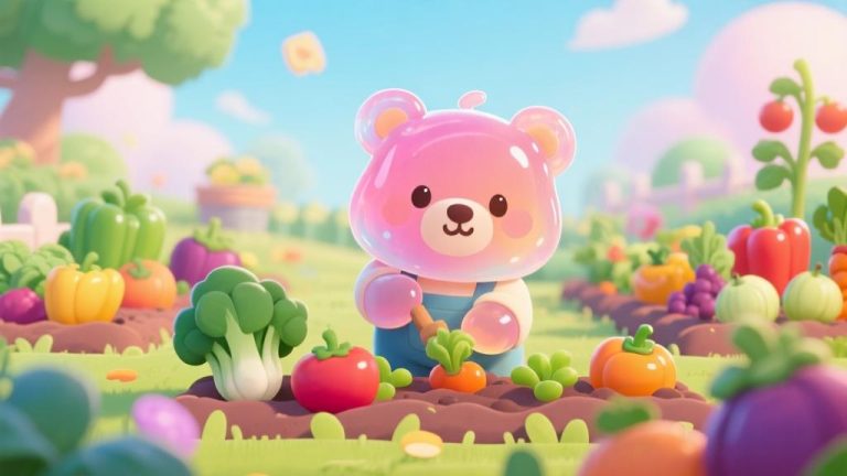 自动生成图片: Cute jelly bear character farming in colorful garden, soft pastel colors, cartoon illustration style, vibrant vegetables and fruits, charming game scene high quality illustration, detailed, 16:9
