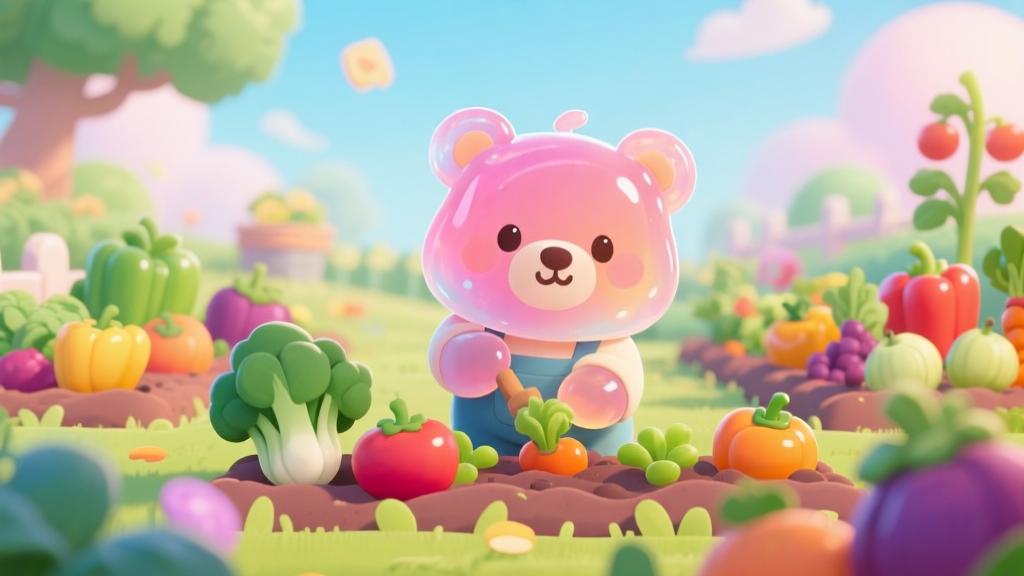 Cute jelly bear character farming in colorful garden, soft pastel colors, cartoon illustration style, vibrant vegetables and fruits, charming game scene high quality illustration, detailed, 16:9