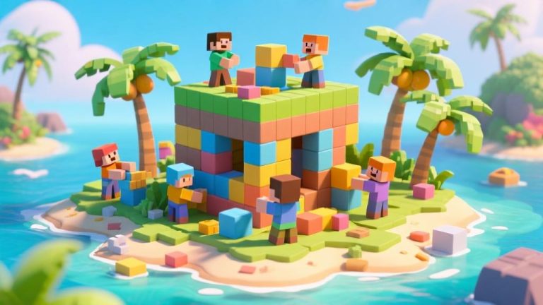 自动生成图片: Vibrant 3D cube island landscape with multiple players building structures together, cartoonish blocky style, tropical environment with palm trees, day time setting, cheerful color palette high quality illustration, detailed, 16:9