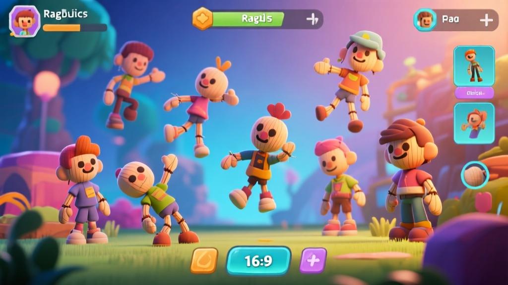 Dynamic 3D illustration of ragdoll physics simulation with multiple characters in various poses, vibrant game environment, cartoonish style with soft lighting, showcasing character customization options high quality illustration, detailed, 16:9
