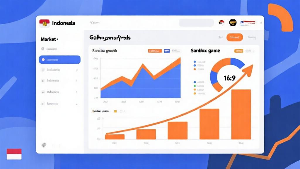 Market analysis dashboard showing gaming trends in Indonesia, with charts and graphs illustrating sandbox game growth, minimalist design with blue and orange color scheme high quality illustration, detailed, 16:9