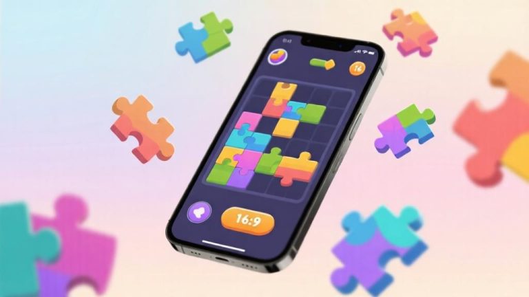 自动生成图片: Modern smartphone showing colorful match-3 game interface, abstract puzzle pieces floating around, soft gradient background in pastel colors, minimalist design style high quality illustration, detailed, 16:9