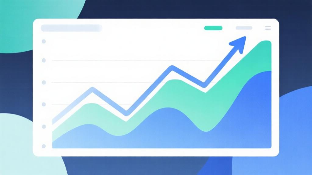 Abstract business growth chart with upward trend line, soft color palette of blues and greens, minimalist financial dashboard design, clean modern aesthetics high quality illustration, detailed, 16:9