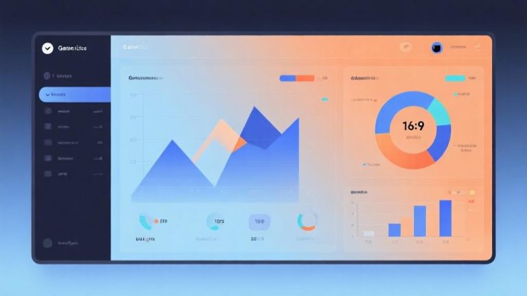 自动生成图片: Modern minimalist dashboard showing game analytics with abstract charts and graphs, soft blue and orange gradient background, clean professional design with geometric elements high quality illustration, detailed, 16:9
