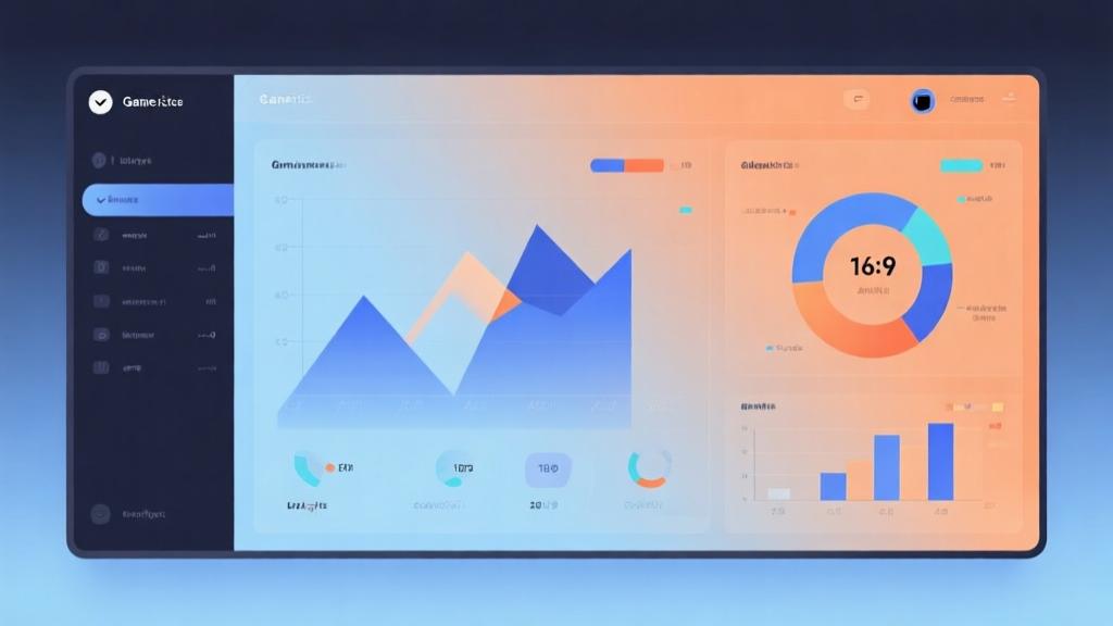 Modern minimalist dashboard showing game analytics with abstract charts and graphs, soft blue and orange gradient background, clean professional design with geometric elements high quality illustration, detailed, 16:9