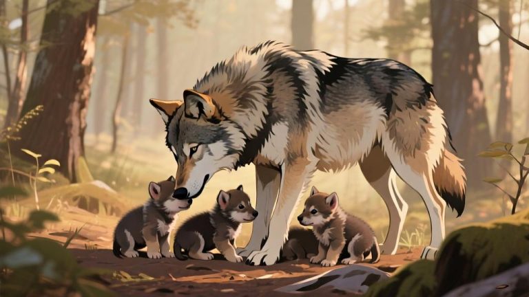 自动生成图片: Family of wolves in forest habitat, mother wolf caring for pups, soft natural lighting, warm earthy tones, detailed fur textures, serene wilderness scene high quality illustration, detailed, 16:9