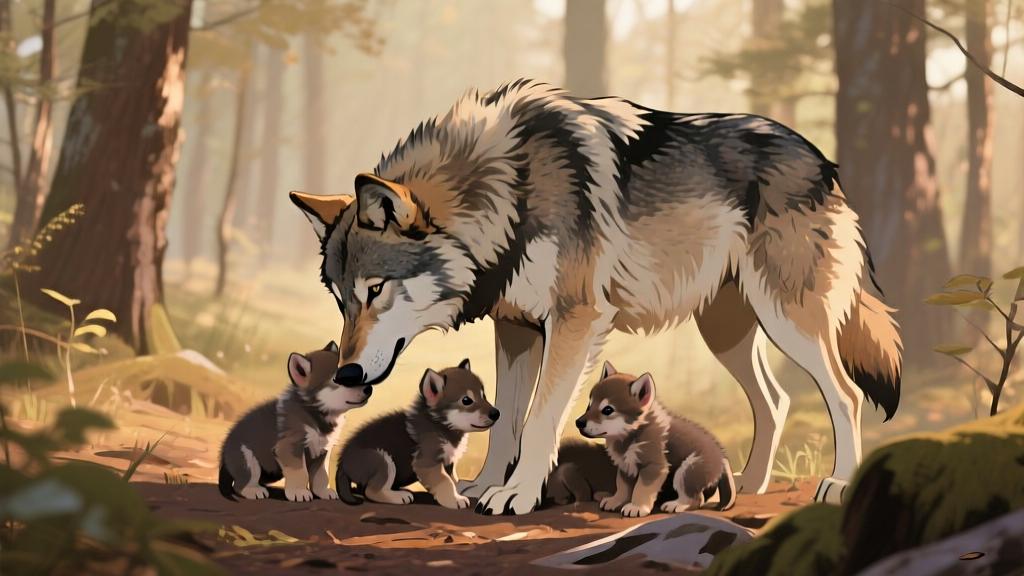 Family of wolves in forest habitat, mother wolf caring for pups, soft natural lighting, warm earthy tones, detailed fur textures, serene wilderness scene high quality illustration, detailed, 16:9