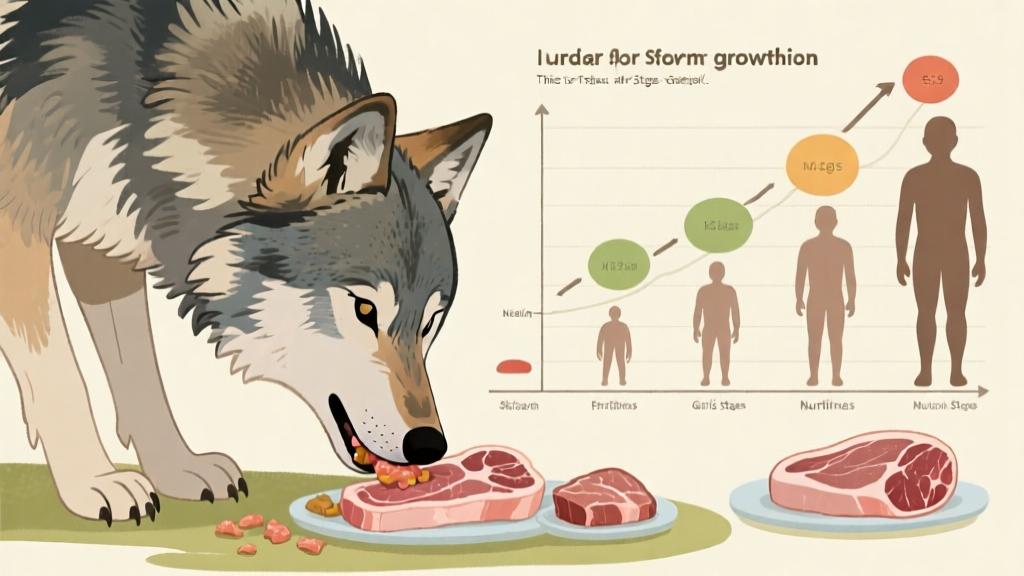 Detailed illustration of wolf feeding behavior, meat portions for different growth stages, nutritional diagram, soft educational style, natural color palette high quality illustration, detailed, 16:9