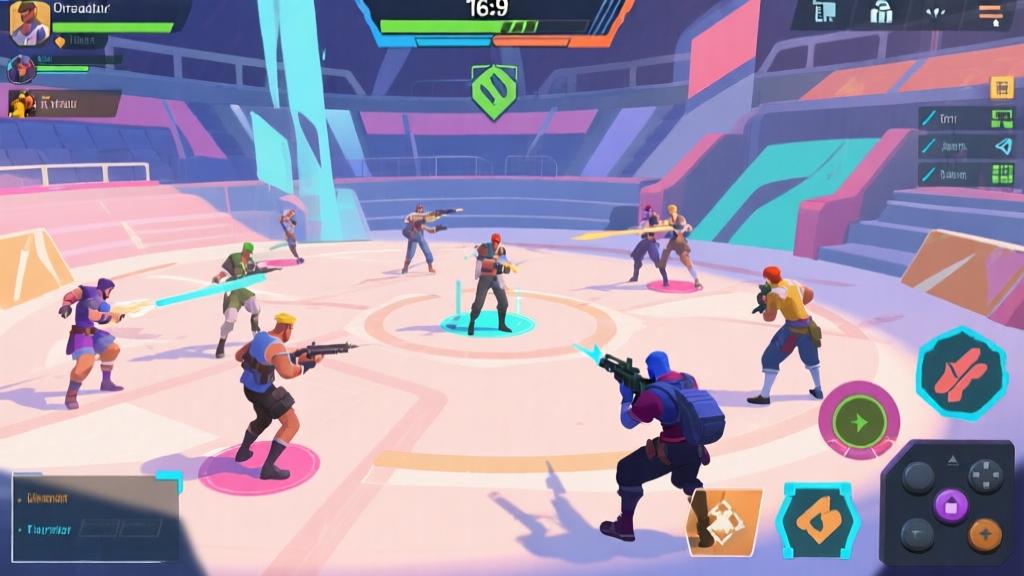 Dynamic battle royale game scene with multiple characters in strategic positions, modern gaming interface elements, soft color palette with vibrant accents, abstract arena environment with tactical cover points high quality illustration, detailed, 16:9