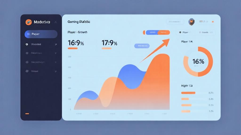 Modern gaming statistics dashboard showing player growth charts, minimalist design with soft blue and orange color scheme, abstract data visualization with clean graphs and percentages high quality illustration, detailed, 16:9