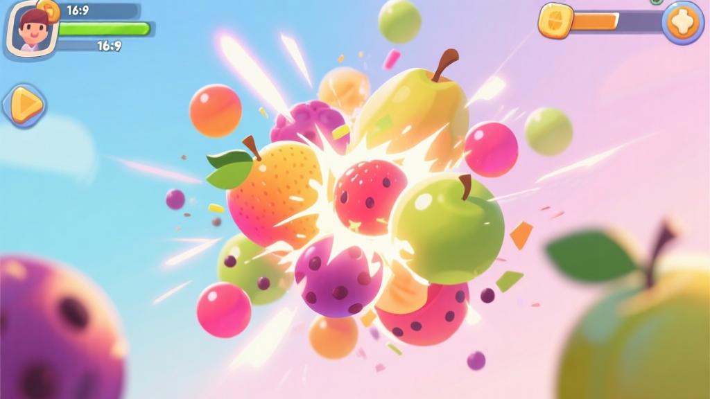 Vibrant fruit balls colliding and merging in dynamic gameplay sequence, soft pastel colors with glowing fusion effects, clean mobile game interface, energetic but not overwhelming visual style high quality illustration, detailed, 16:9