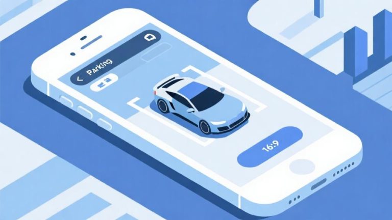 自动生成图片: Modern minimalist illustration of a smartphone displaying a car parking game interface, soft blue and white color scheme, clean geometric design, professional gaming concept high quality illustration, detailed, 16:9