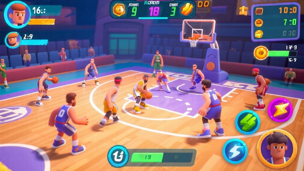 Dynamic 3D basketball court with multiple players in competitive positions, vibrant game interface showing scoreboard and power-ups, cartoonish style with smooth animations, multiplayer gaming scene high quality illustration, detailed, 16:9