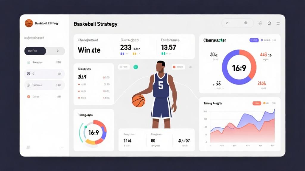 Basketball strategy dashboard showing win rate statistics, character performance metrics, and timing analysis, minimalist data visualization with clean charts and graphs high quality illustration, detailed, 16:9
