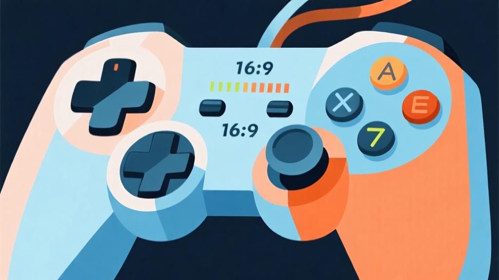 Abstract illustration of a game controller with timing indicators, soft blue and orange color scheme, clean geometric design, modern gaming concept high quality illustration, detailed, 16:9