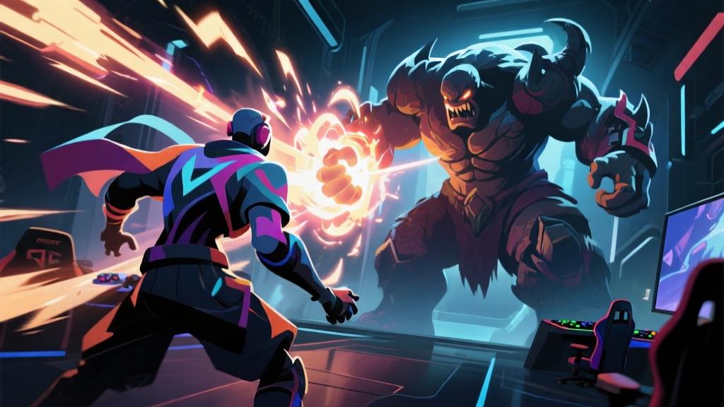 Dynamic gaming scene showing abstract character facing giant boss enemy, glowing attack effects, dark futuristic environment, intense action atmosphere, professional esports illustration style high quality illustration, detailed, 16:9