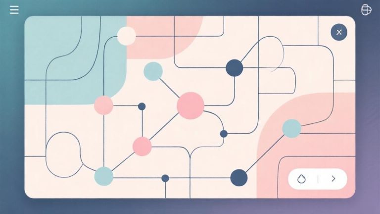 自动生成图片: Abstract puzzle game interface with continuous line drawing, soft pastel colors, minimalist design showing interconnected nodes and pathways, clean geometric shapes high quality illustration, detailed, 16:9