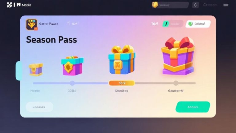 自动生成图片: Modern mobile game interface showing season pass progression with colorful rewards, soft gradient background, clean minimalist design, gaming dashboard visualization high quality illustration, detailed, 16:9