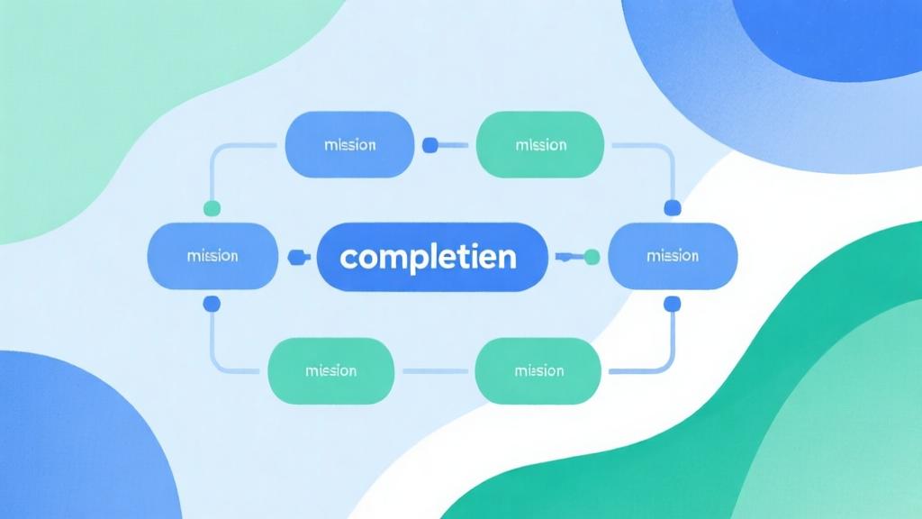 Abstract mission completion flowchart with connected nodes, soft blue and green color scheme, minimalist business infographic style high quality illustration, detailed, 16:9