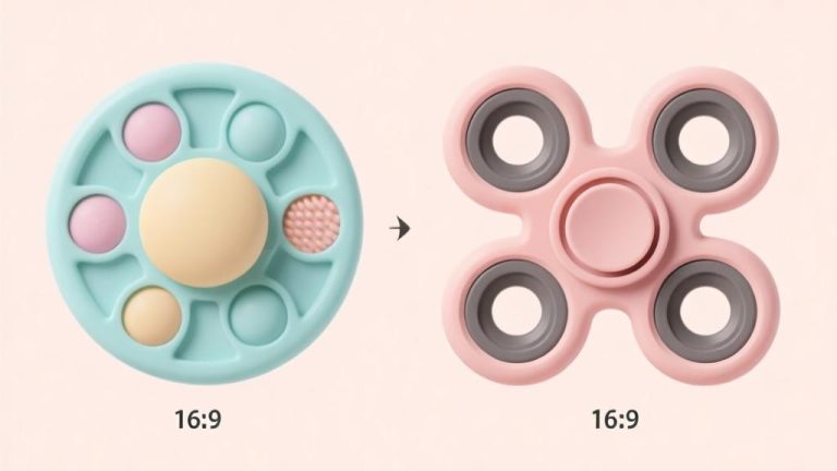 自动生成图片: Comparison illustration of Popit and Fidget Spinner toys, minimalist flat design, soft pastel colors, clean composition showing the different mechanisms and textures high quality illustration, detailed, 16:9