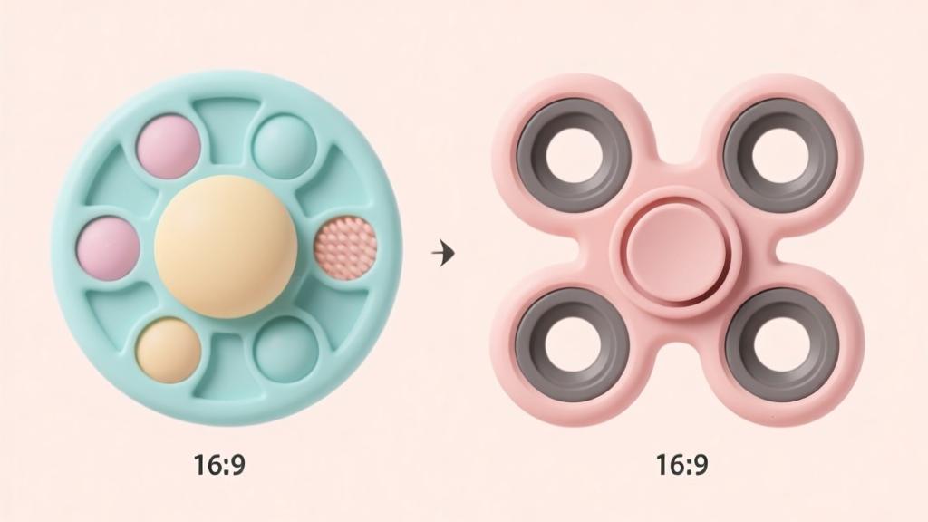 Comparison illustration of Popit and Fidget Spinner toys, minimalist flat design, soft pastel colors, clean composition showing the different mechanisms and textures high quality illustration, detailed, 16:9