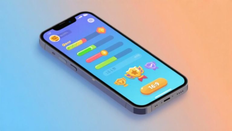自动生成图片: Modern smartphone displaying colorful game interface with progress bars and achievement icons, soft blue and orange gradient background, clean gaming app design, minimalist style high quality illustration, detailed, 16:9