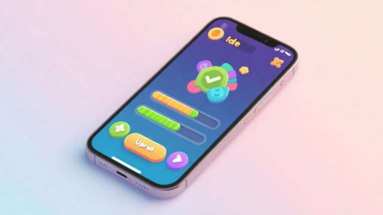 自动生成图片: Modern smartphone displaying colorful idle game interface with progress bars and upgrade buttons, soft pastel background, clean minimalist design, gaming technology concept high quality illustration, detailed, 16:9