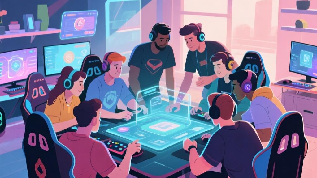 Group of diverse gamers collaborating around a virtual game interface, showing teamwork and coordination, modern gaming setup with multiple screens, vibrant but soft color palette, digital collaboration concept high quality illustration, detailed, 16:9