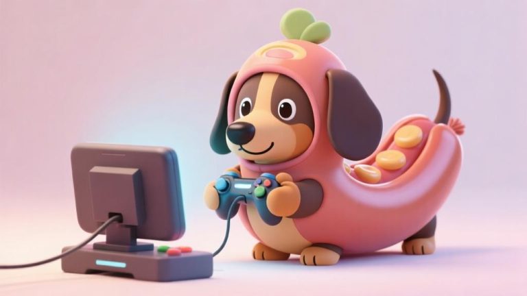 自动生成图片: Cute cartoon dachshund character in sausage costume playing video game, pastel color palette, soft lighting, playful gaming setup, minimalist background high quality illustration, detailed, 16:9