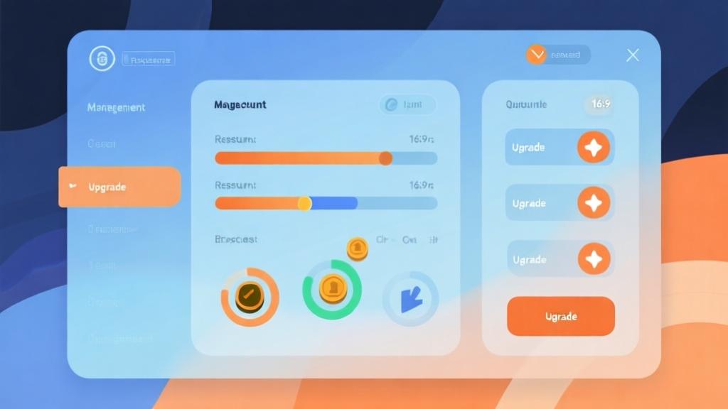 Abstract game interface showing resource management dashboard, soft blue and orange color scheme, progress bars and upgrade indicators, clean minimalist design high quality illustration, detailed, 16:9