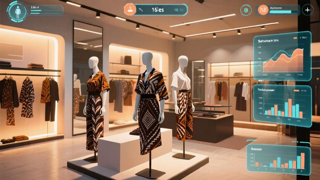 Modern fashion boutique interior with mannequins displaying batik-inspired clothing, minimalist design with warm lighting, digital interface elements showing sales analytics, professional business simulation game aesthetic high quality illustration, detailed, 16:9