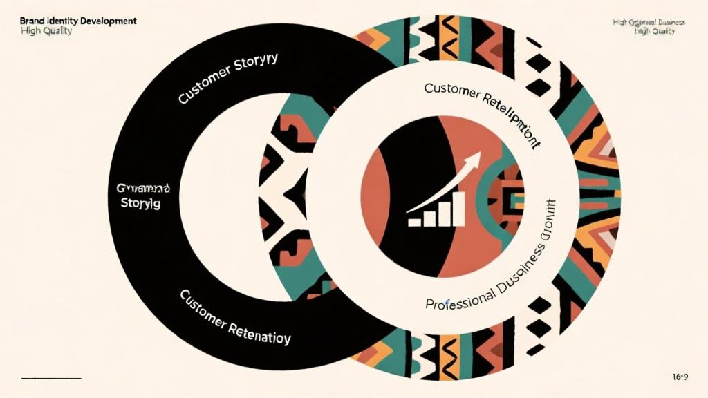 Abstract visualization of brand identity development, overlapping circles showing customer retention, brand storytelling elements, modern minimalist design with cultural patterns, professional business growth concept high quality illustration, detailed, 16:9