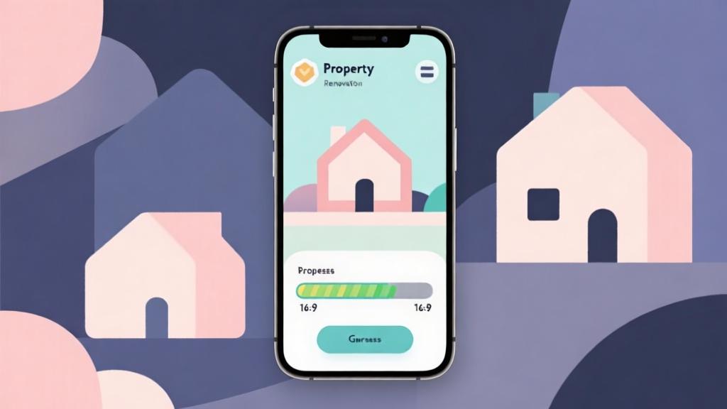 Modern minimalist illustration of a smartphone showing property renovation game interface, soft pastel color scheme, clean design with abstract house shapes and progress bars high quality illustration, detailed, 16:9