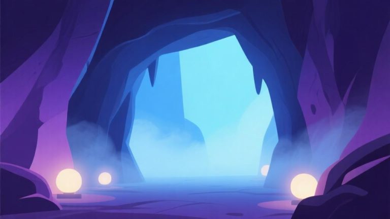 自动生成图片: Abstract gaming concept with misty cave entrance, soft glowing lights, mystical atmosphere, minimalist design with blue and purple gradient, clean professional illustration high quality illustration, detailed, 16:9
