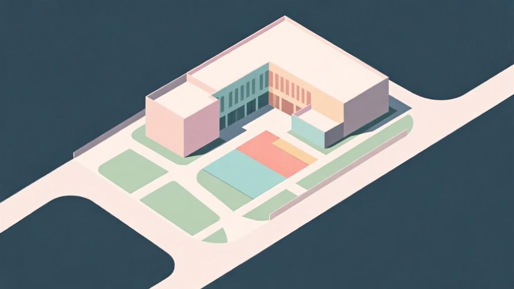 Abstract base layout diagram showing optimal building placement, soft color coding for different zones, minimalist design with clear pathways high quality illustration, detailed, 16:9