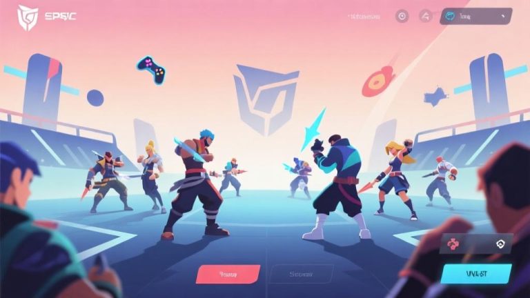 自动生成图片: Abstract gaming interface showing multiple character avatars in battle arena, soft gradient background with gaming elements, modern minimalist design, professional esports visualization high quality illustration, detailed, 16:9