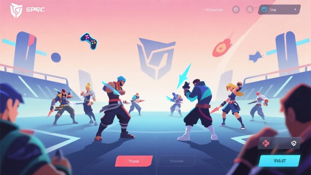 Abstract gaming interface showing multiple character avatars in battle arena, soft gradient background with gaming elements, modern minimalist design, professional esports visualization high quality illustration, detailed, 16:9
