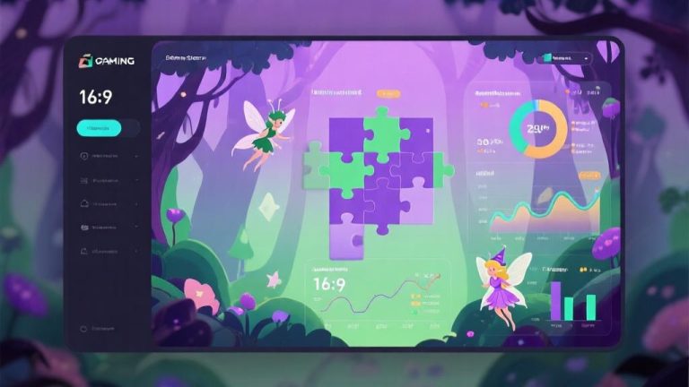 自动生成图片: Modern gaming dashboard showing puzzle game analytics with magical forest elements, soft gradient background with purple and green tones, abstract data visualization with fairy tale icons, professional infographic style high quality illustration, detailed, 16:9