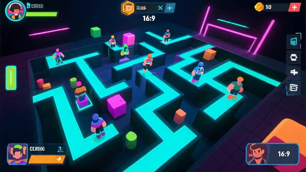 Modern 3D maze game interface showing multiple players competing in real-time, glowing pathways and obstacles, dynamic lighting effects, competitive gaming atmosphere, vibrant colors with dark background high quality illustration, detailed, 16:9