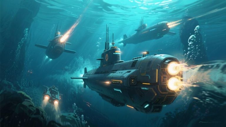 自动生成图片: Underwater battle scene with futuristic submarines maneuvering in deep ocean, dynamic lighting from vehicle thrusters, aquatic environment with limited visibility, professional game illustration style high quality illustration, detailed, 16:9