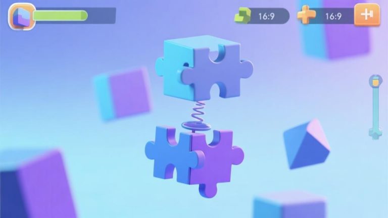 自动生成图片: Abstract 3D puzzle game interface with floating geometric shapes, gravity mechanics visualization, soft blue and purple color scheme, modern game design aesthetic, clean minimal composition high quality illustration, detailed, 16:9