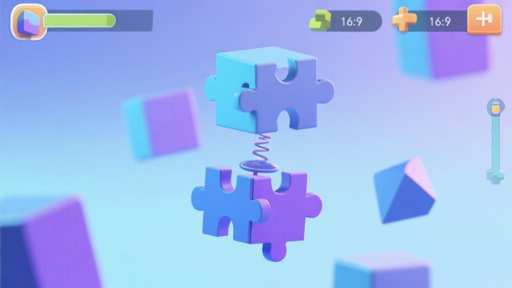 Abstract 3D puzzle game interface with floating geometric shapes, gravity mechanics visualization, soft blue and purple color scheme, modern game design aesthetic, clean minimal composition high quality illustration, detailed, 16:9