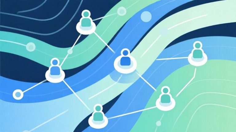 自动生成图片: Abstract visualization of team building mechanics with interconnected nodes and flowing pathways, soft blue and green color palette, modern minimal design, strategic planning concept high quality illustration, detailed, 16:9