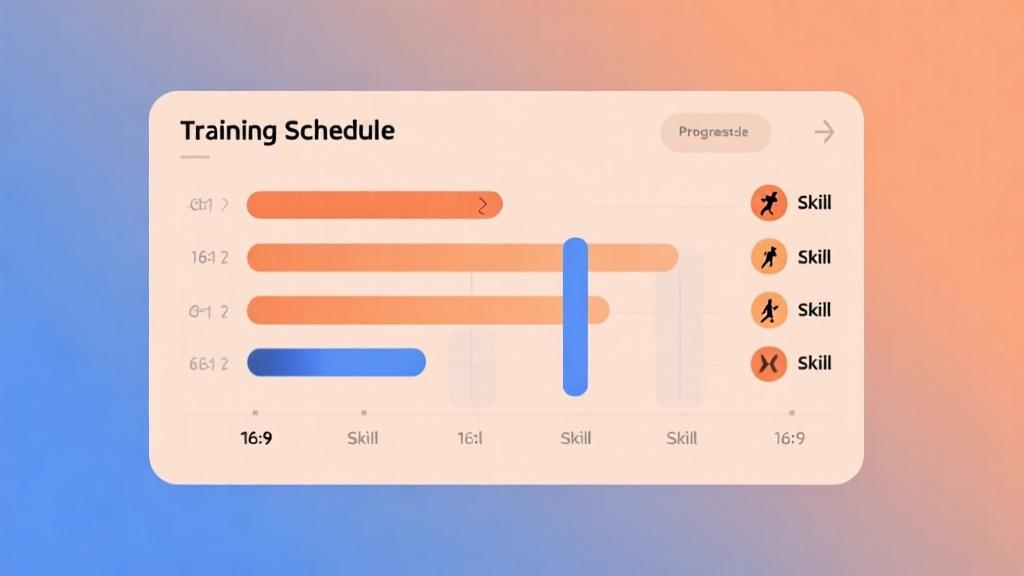 Minimalist training schedule visualization with progress bars and skill indicators, soft orange and blue gradient background, clean modern design high quality illustration, detailed, 16:9