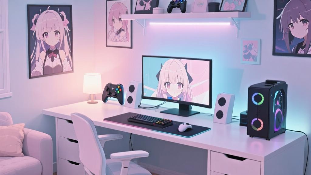 Modern gaming setup with anime-themed decorations, soft ambient lighting, minimalist desk arrangement with gaming peripherals, pastel color scheme, cozy atmosphere high quality illustration, detailed, 16:9