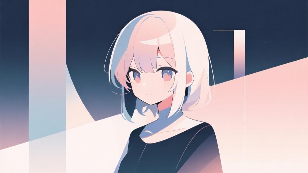Abstract anime character design with soft color palette, minimalist background with geometric shapes, modern illustration style, gentle gradient effects high quality illustration, detailed, 16:9