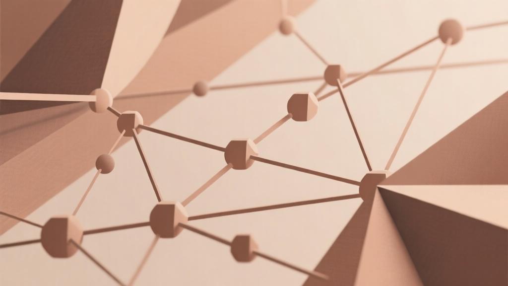 Abstract geometric composition showing interconnected nodes and pathways, soft earth tones, modern minimal design, concept of connection and structure high quality illustration, detailed, 16:9