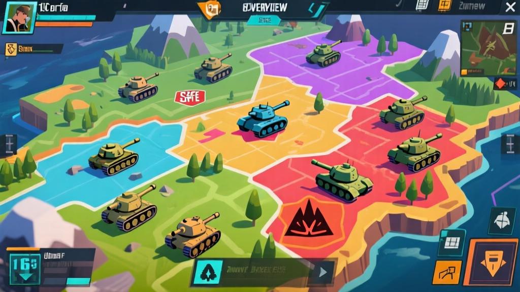 Dynamic battle royale map overview with tank icons scattered across different terrain zones, vibrant color scheme showing safe zone and danger areas, modern game UI elements, aerial perspective view high quality illustration, detailed, 16:9
