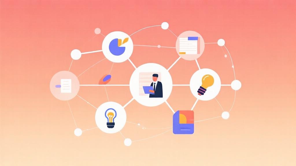 Abstract collaboration concept with interconnected nodes and creative elements, soft gradient background in warm colors, modern minimalist design, professional business illustration high quality illustration, detailed, 16:9