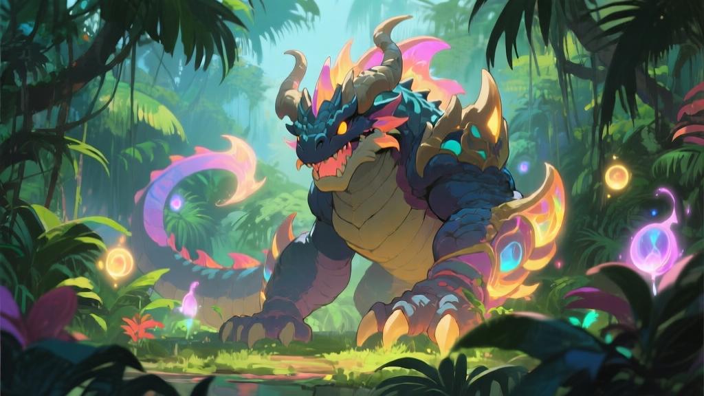 Majestic legendary monster in lush tropical jungle environment, glowing magical elements, vibrant colors but soft lighting, anime-inspired character design, digital painting style high quality illustration, detailed, 16:9